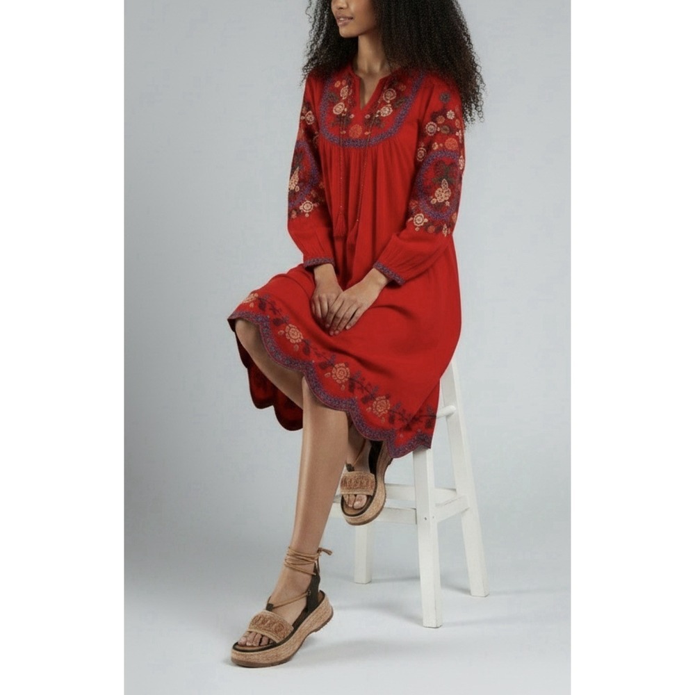 NWT Farm Rio Red Cross Stitch Embroidered Midi Dress S Boho Puff Sleeve Folk